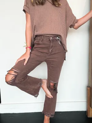 Distressed Hem Stretch Fit Denim- Mocha