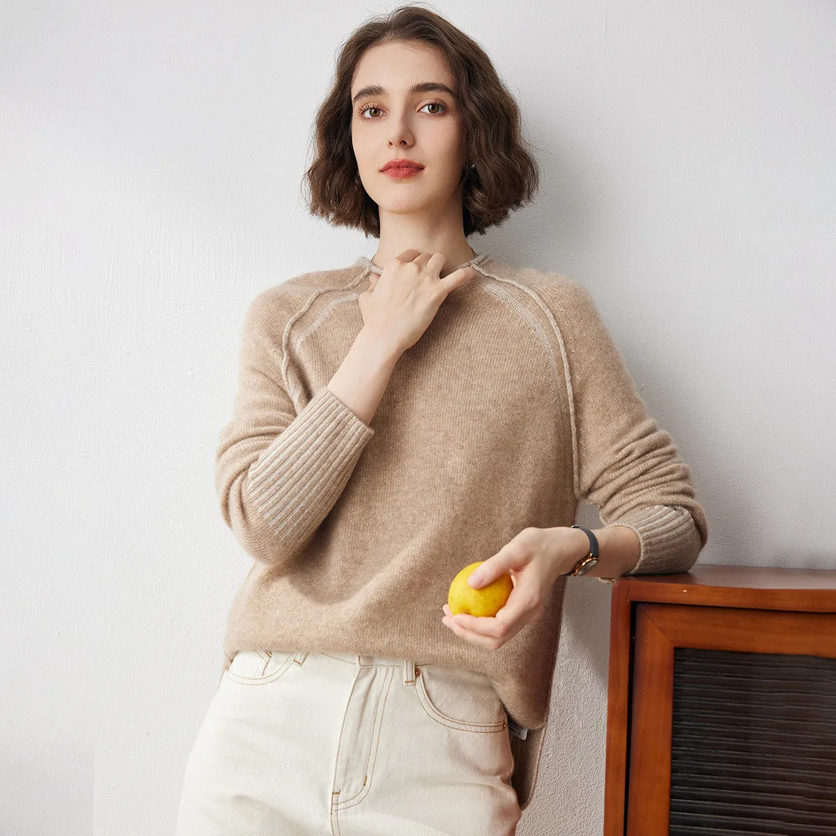 100% Cashmere Crew Neck Unique Seam Sweater