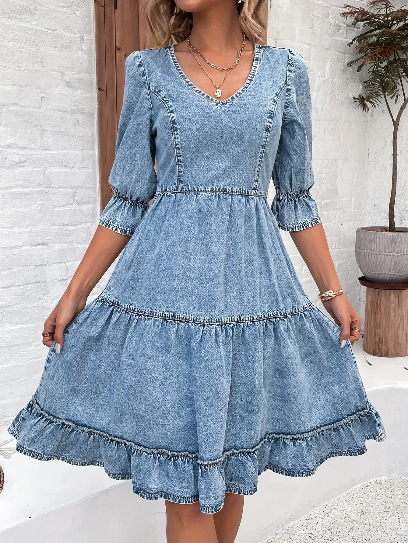 All-Season Chic & Elegant Denim Dress with V-Neck, Flounce Sleeves - Easy Care, Comfort & Timeless Style