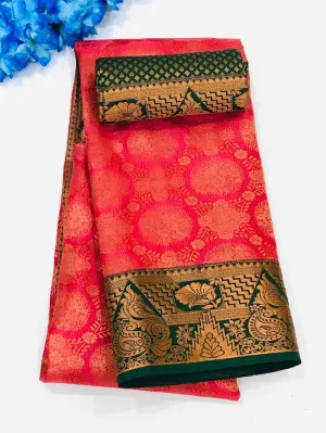 Attractive Red Color Art Silk Saree Green Color Bordered With Matching Blouse