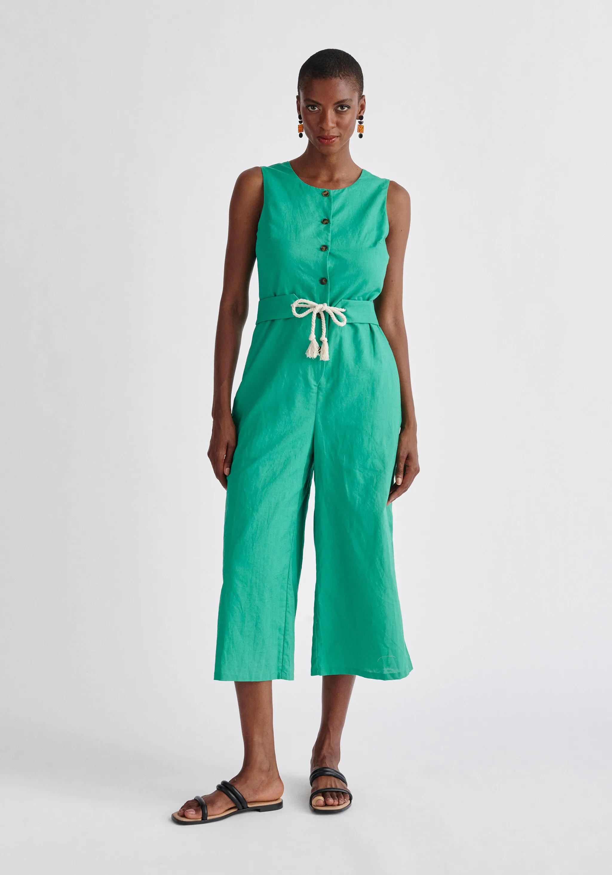 Belted Linen Blend Jumpsuit