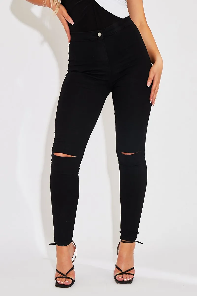 Black Knee Rip Stretch Denim Jeggings - Burnie