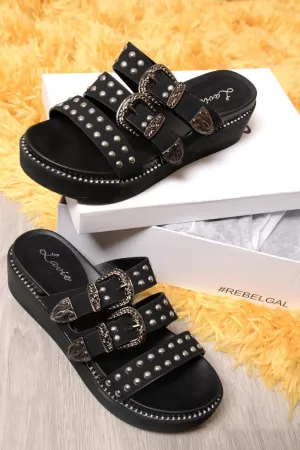 Black Western Buckle Studded Sandals - Naraly