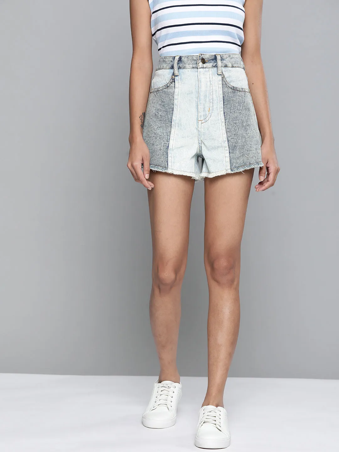 Blue & Ivory Color Block High Waist Denim Shorts