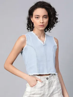 Blue Denim V-Neck Crop Top