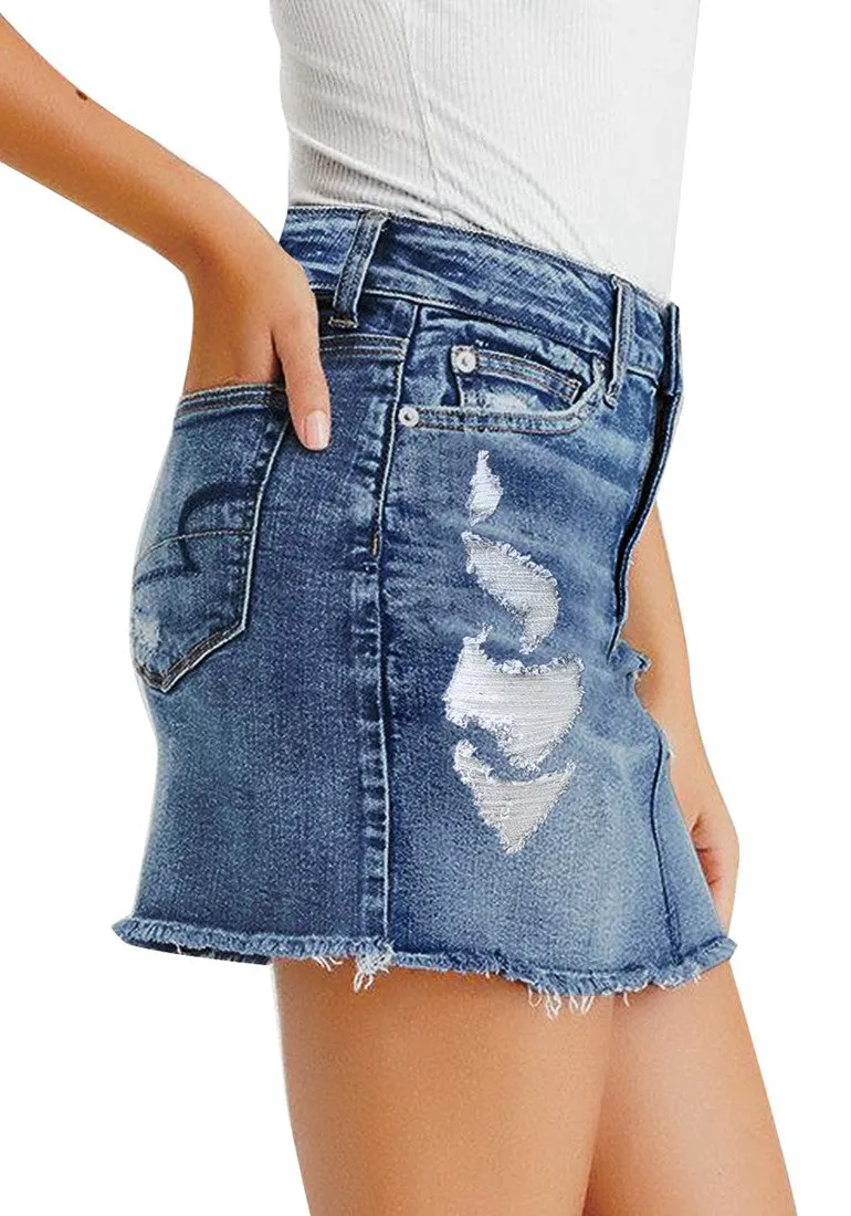 Blue Frayed Raw Hem Ripped Denim Mini Skirt