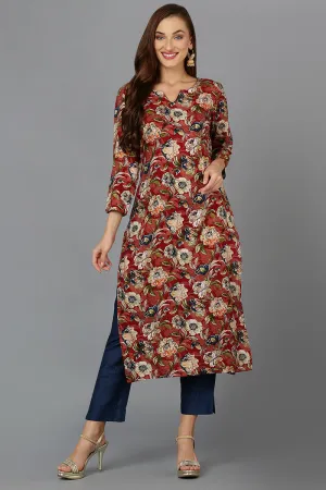 Cotton Blend Maroon Floral Printed Straight Kurta