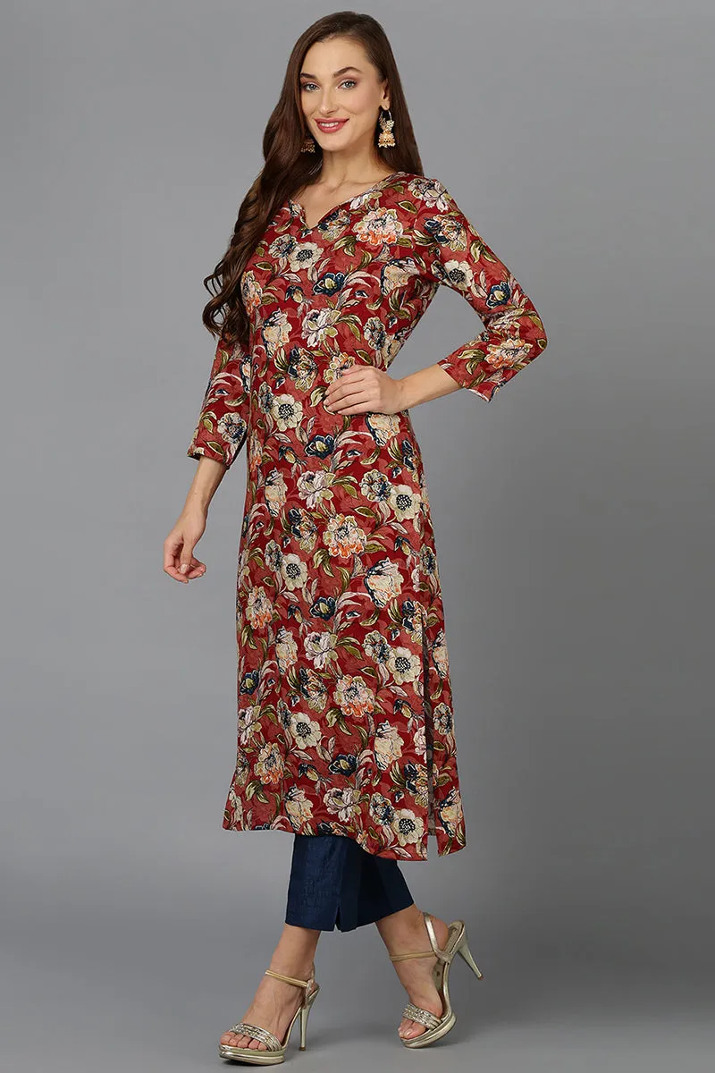 Cotton Blend Maroon Floral Printed Straight Kurta