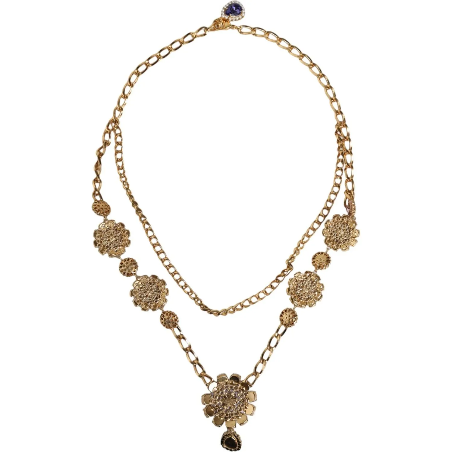 Dolce & Gabbana Gold Tone Floral Crystals Embellished Layered Necklace