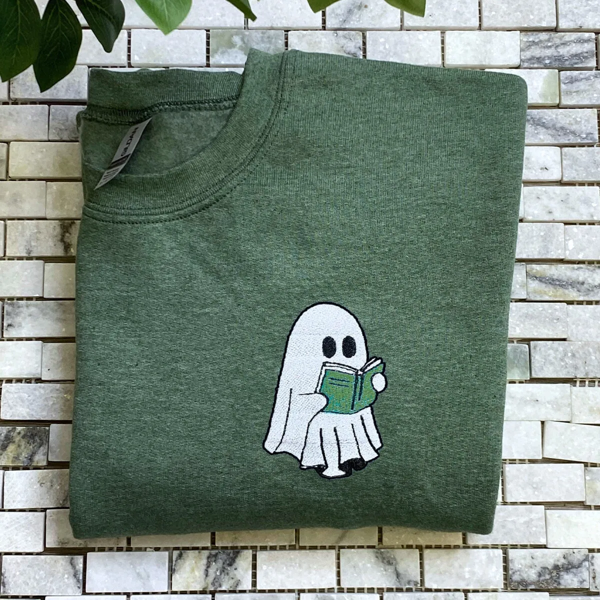 Embroidered Fall Ghost Reading Book Halloween Sweatshirt or Hoodie