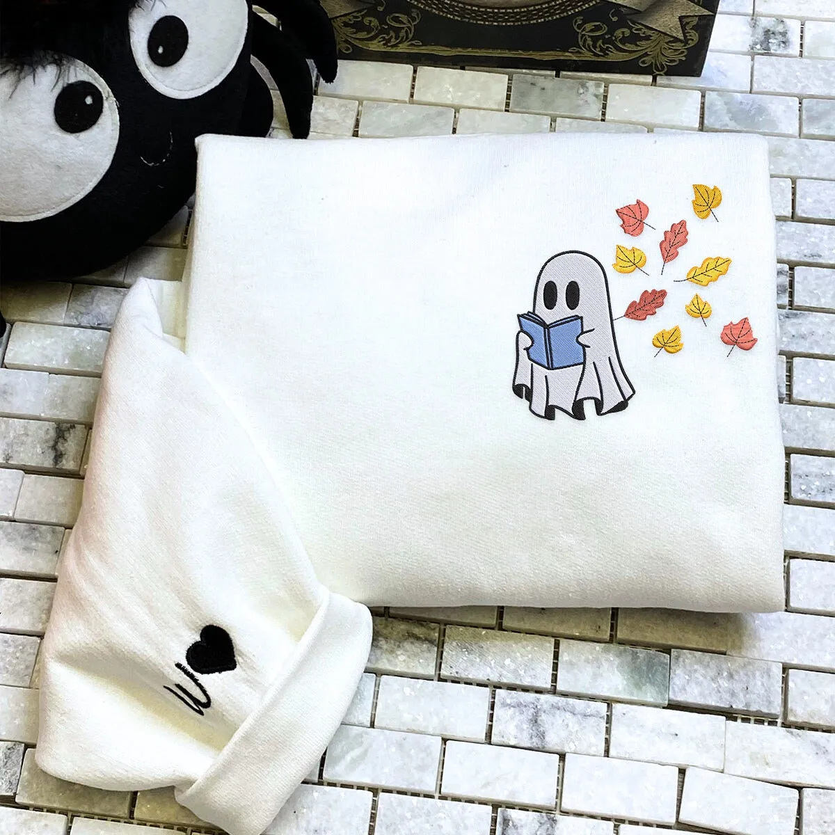 Embroidered Fall Ghost Reading Book Halloween Sweatshirt or Hoodie