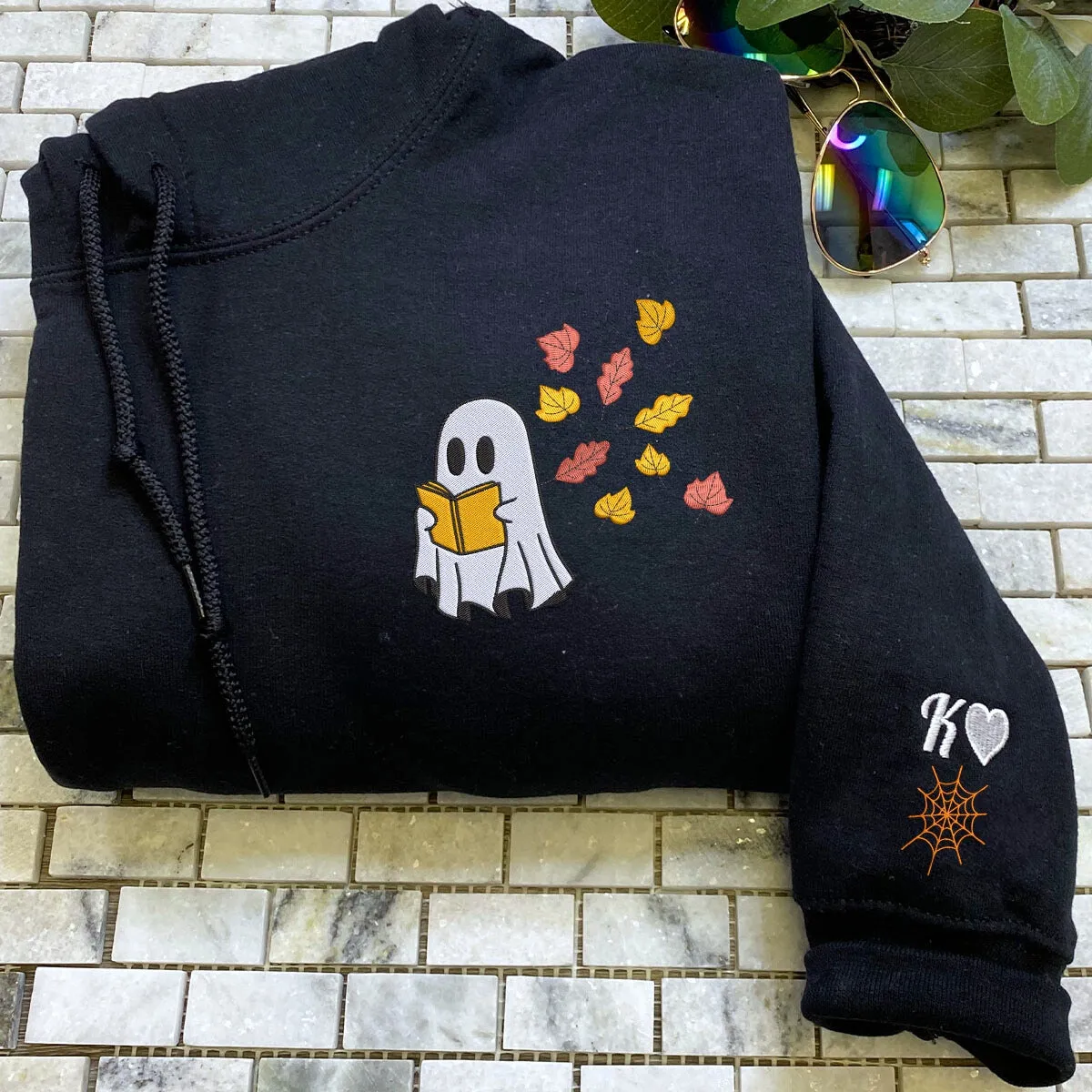 Embroidered Fall Ghost Reading Book Halloween Sweatshirt or Hoodie