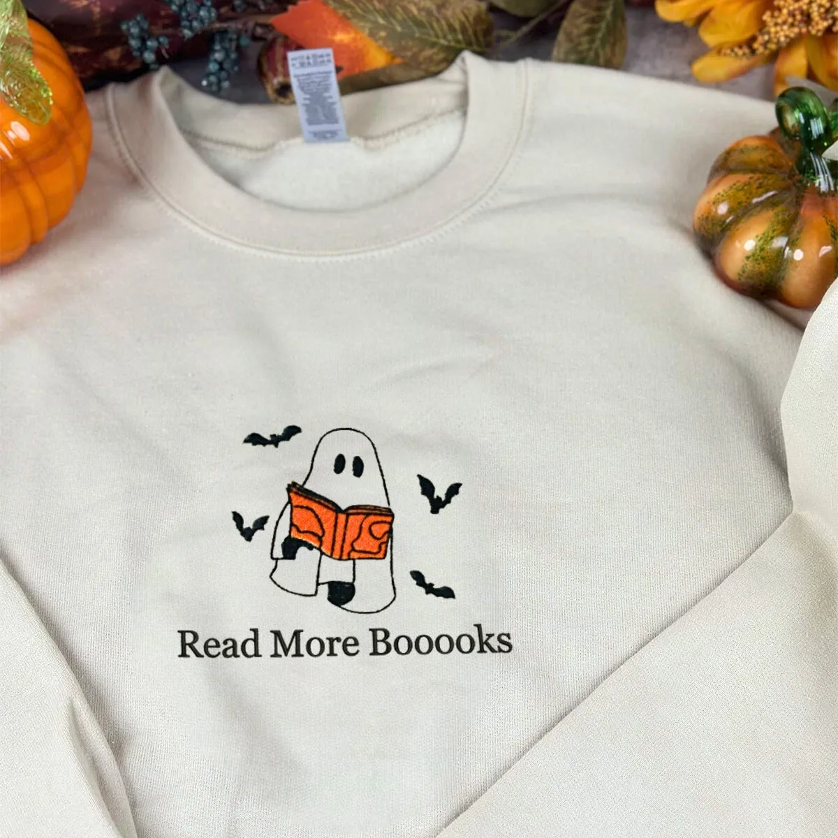 Embroidered Fall Ghost Reading Book Halloween Sweatshirt or Hoodie