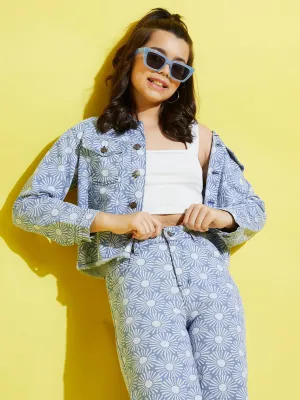 Girls Blue Denim Floral Print Jacket