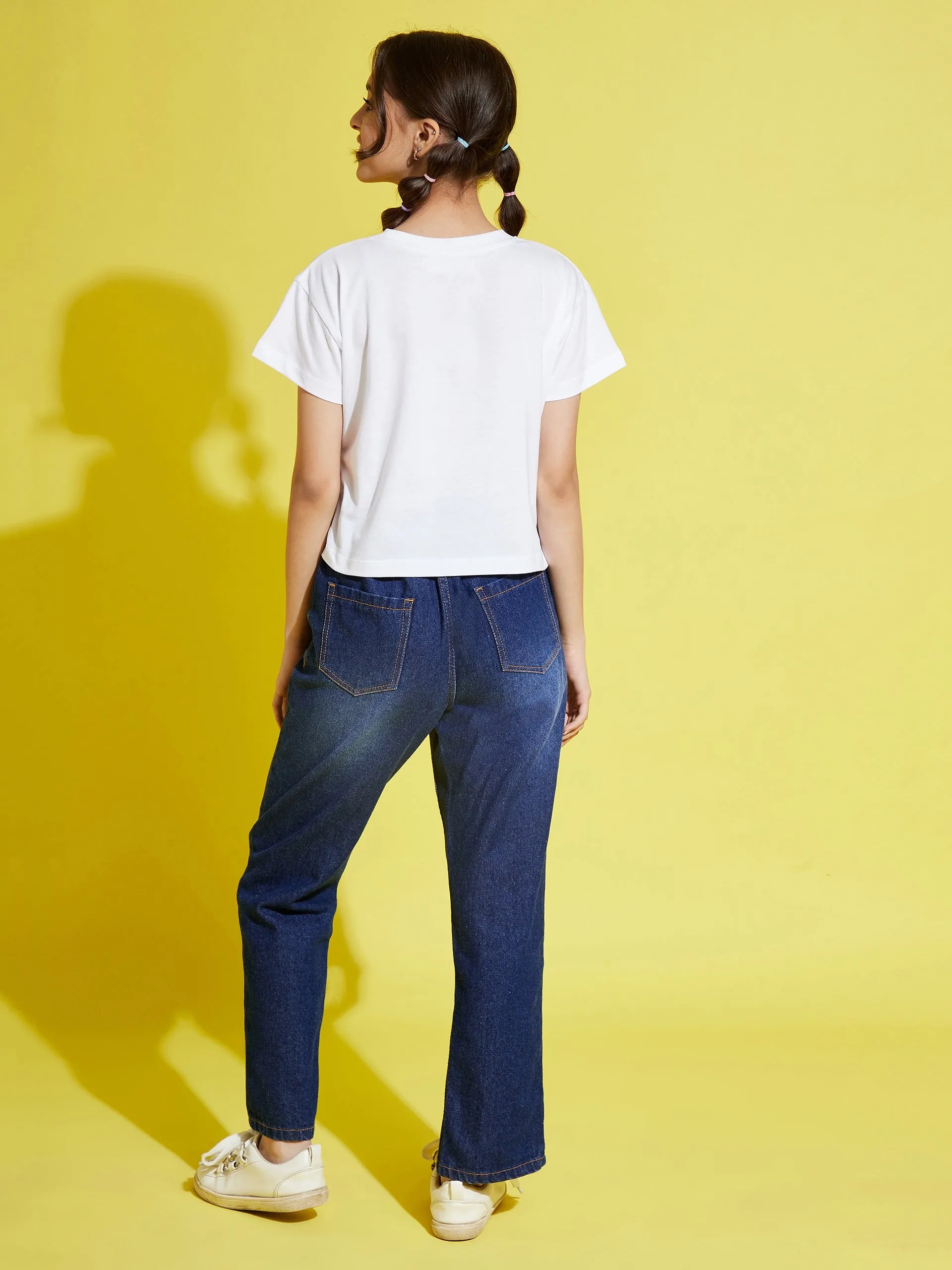 Girls Blue Front Slit Carrot Jeans