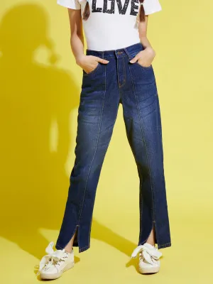 Girls Blue Front Slit Carrot Jeans