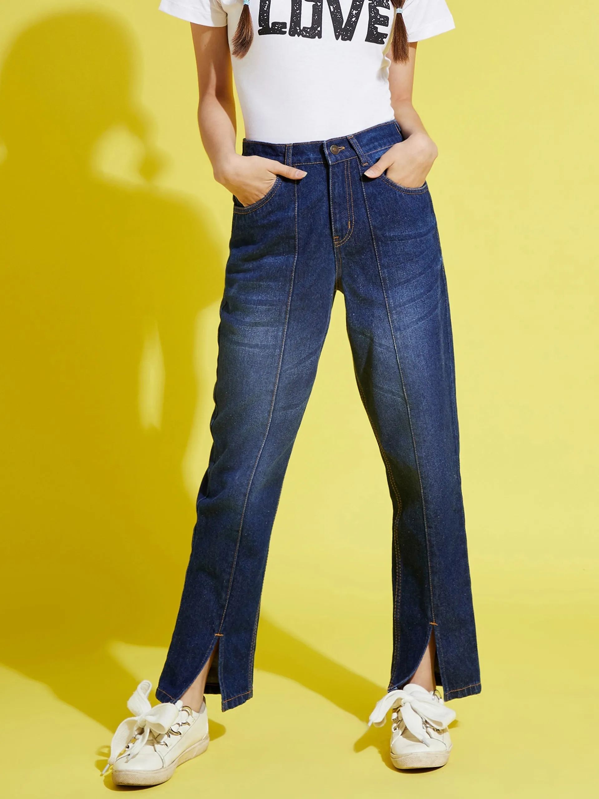 Girls Blue Front Slit Carrot Jeans