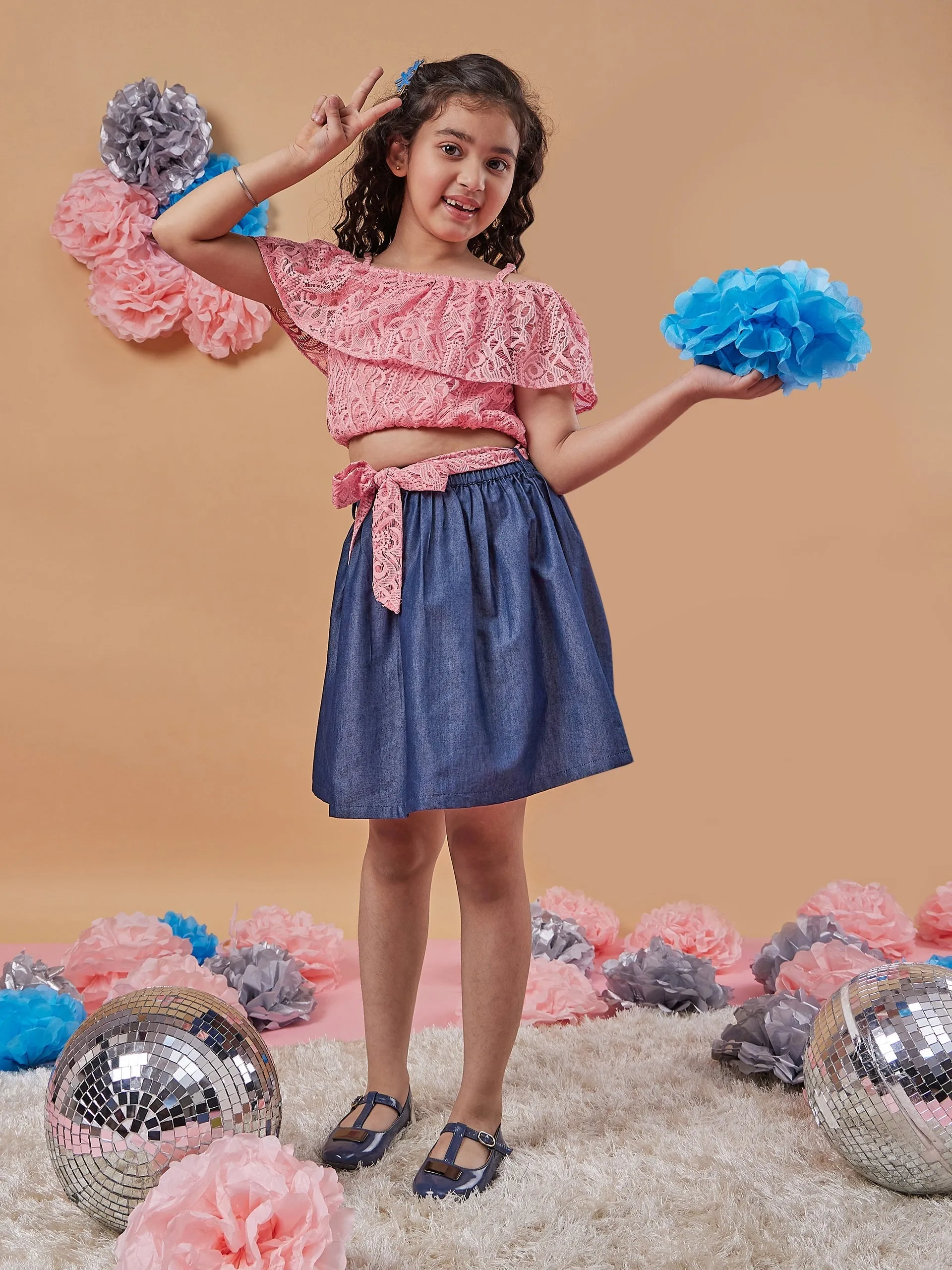 Girls Self Design Off-Shoulder Blousan Top With Skirt