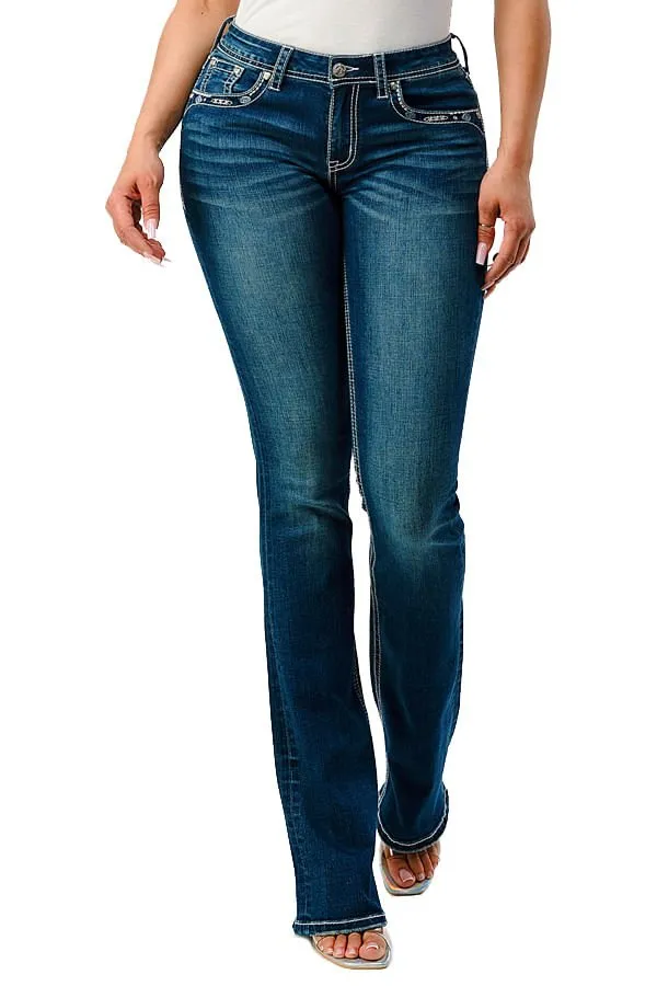 Grace in LA Aztec Embroidered Mid Rise Bootcut Jeans