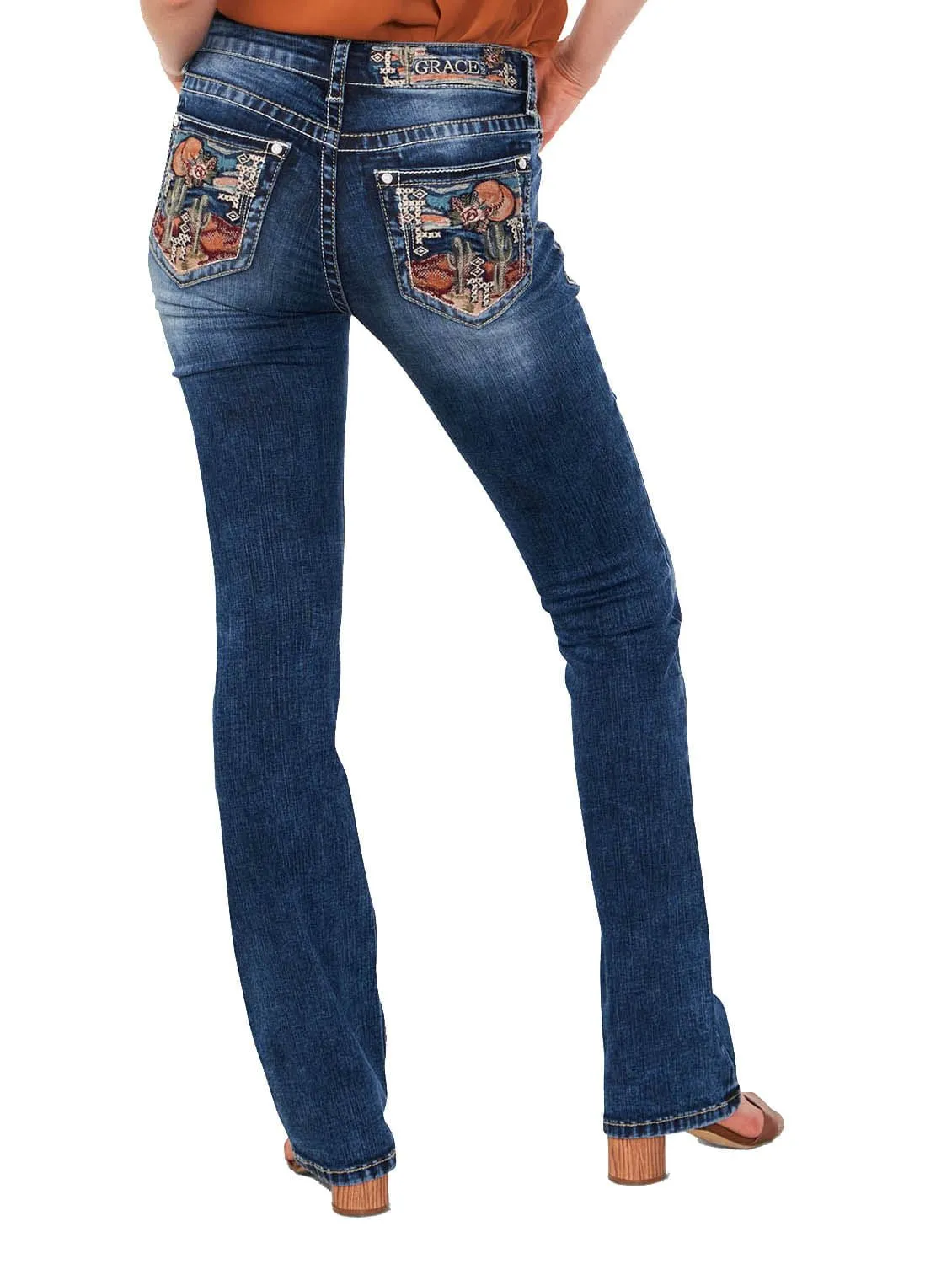 Grace in LA Cactus Scene Embroidered Mid Rise Bootcut Jeans