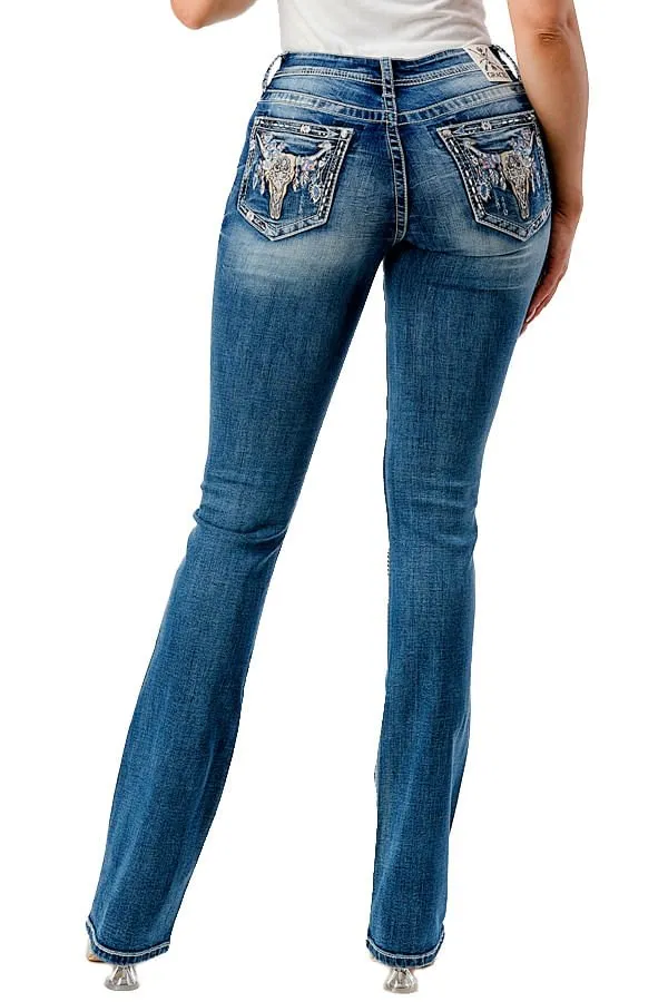 Grace in LA Steer Head Embroidered Mid Rise Bootcut Jeans