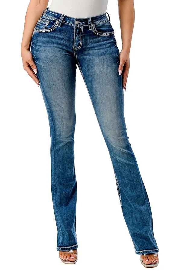 Grace in LA Steer Head Embroidered Mid Rise Bootcut Jeans