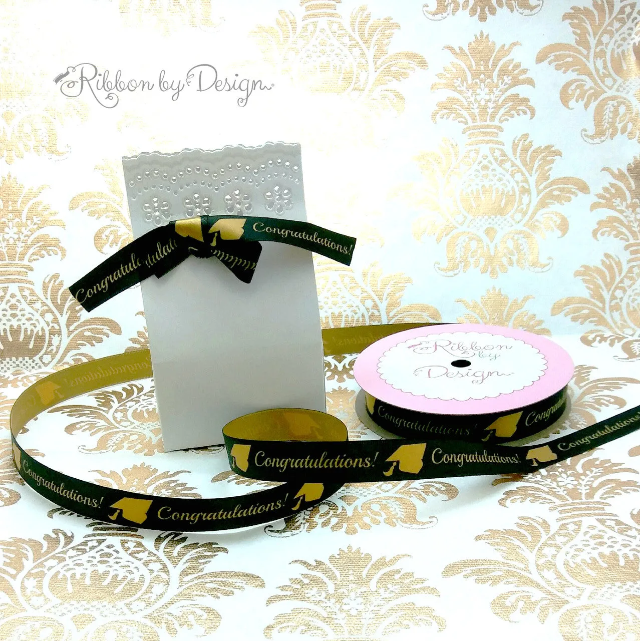 Graduation Congratulations Ribbon with a  black background on 5/8" gold single face satin