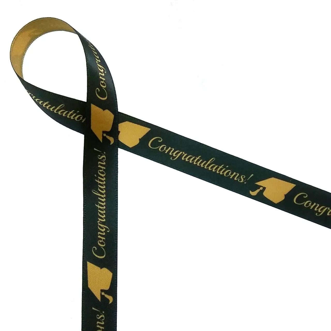 Graduation Congratulations Ribbon with a  black background on 5/8" gold single face satin