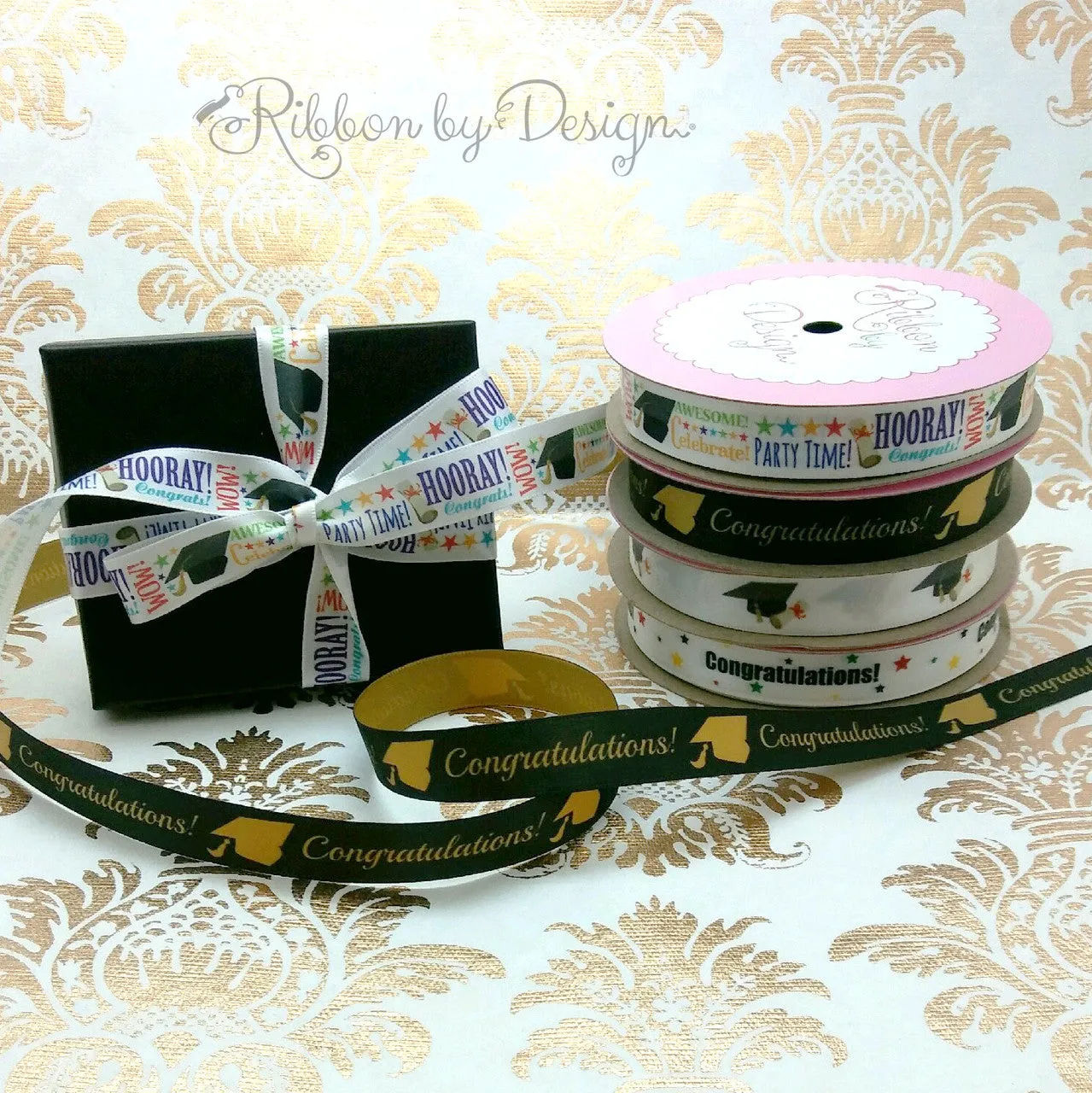 Graduation Congratulations Ribbon with a  black background on 5/8" gold single face satin