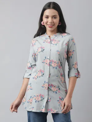 Gray Floral Printed Rayon A-Line Shirt Style Top