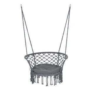 Hanging Hammock Chair Cotton Rope Porch Swing with Metal Frame and Cushion, Large Macrame Seat for Patio, Bedroom, Living Room, Grey