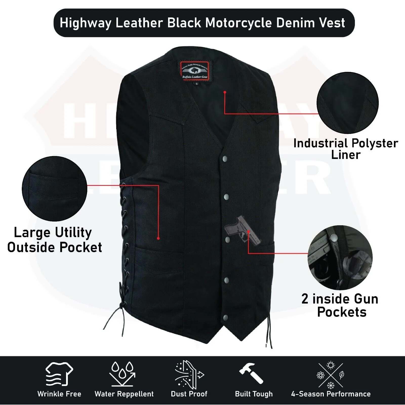 HL21614BLACK DENIM Men's Classic Denim Vest Black Motorcycle Easy Biker Patch Sewing, Side Lacing Western Cut