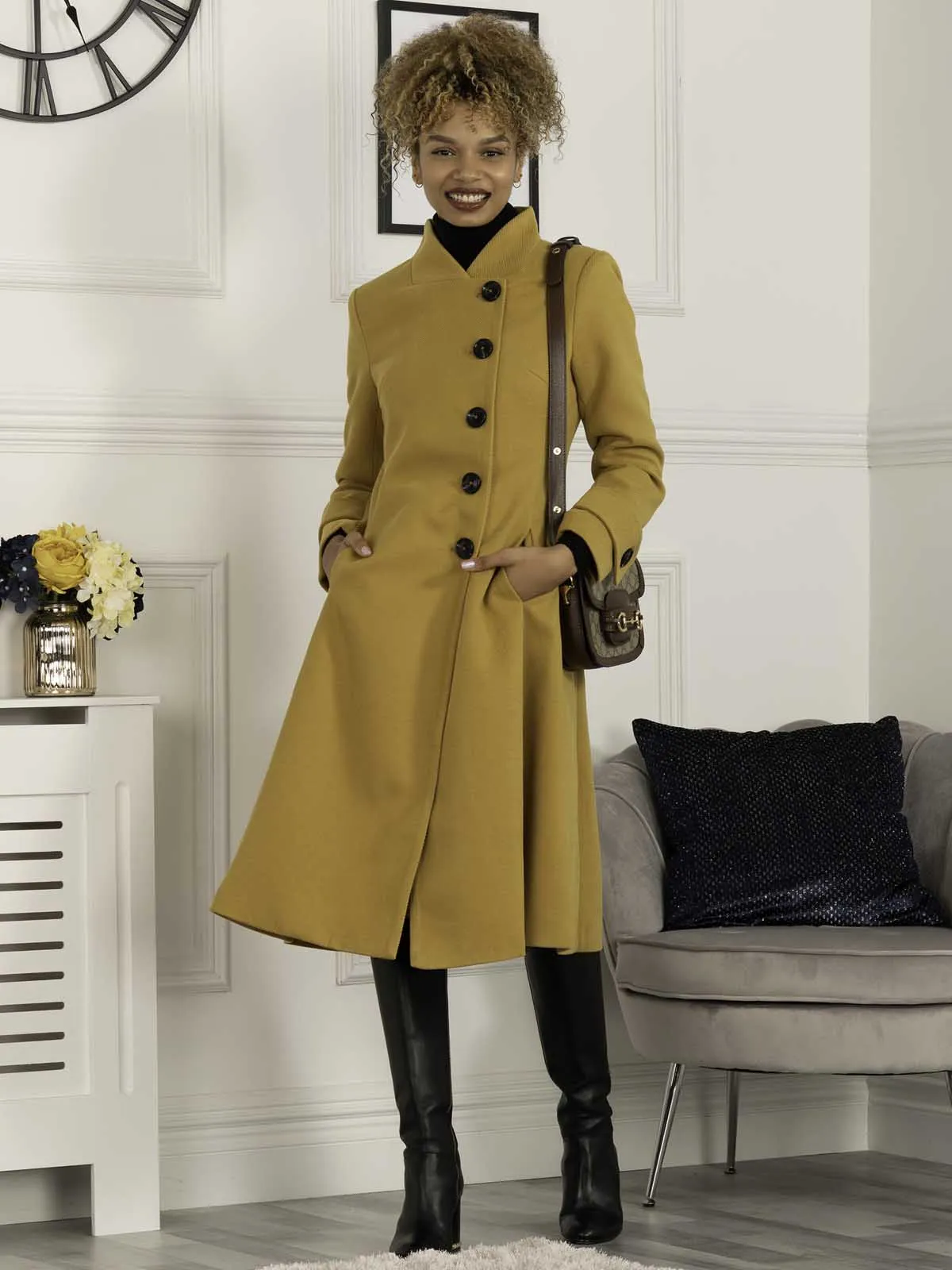 Kate Fit & Flare Midi Coat, Mustard