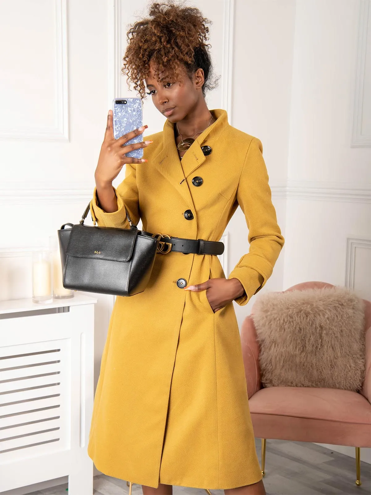 Kate Fit & Flare Midi Coat, Mustard