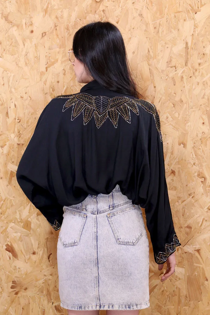 Leaf It Out Beaded Black Shirt