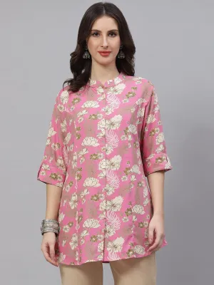 Light Pink Floral Rayon A-Line Top