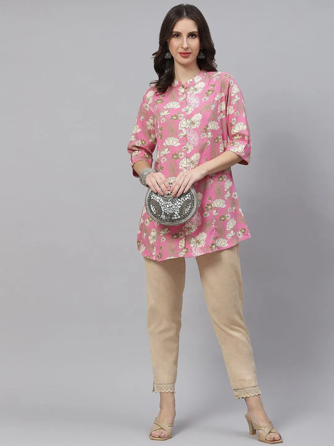 Light Pink Floral Rayon A-Line Top