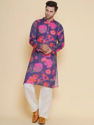 Men Purple & Pink Digital Floral Print Festive Kurta Pyjamas