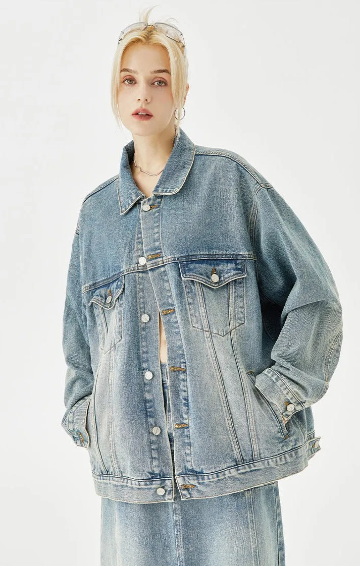 MessAgeLab-Women's retro street nostalgic design sense denim long jacket loose windbreaker jacket top