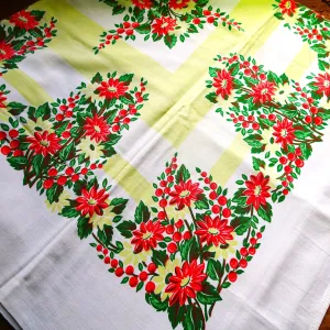 MID CENTURY Vintage Printed Tablecloth, Floral Tablecloth Red Yellow, Farmhouse, Kitchen Décor , Collectible Vintage Tablecloths,Linens