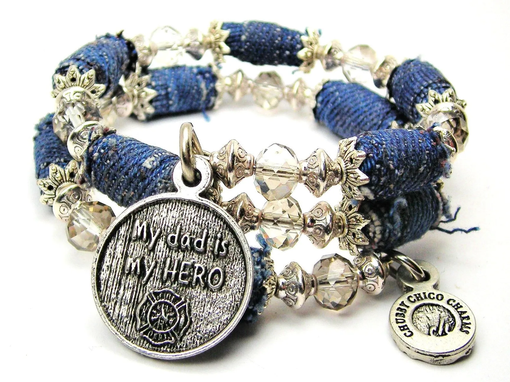 My Dad Is My Hero Firefighter Blue Jean Beaded Wrap Bracelet