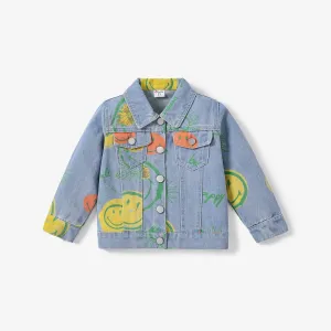 PatPat Toddler Boy/Girl Fashionable  Graffiti  Lapel Denim Jacket Soft and Comfortable  Perfect for Outings and Daily Wear