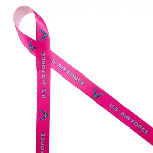 Pink Air Force ribbon honoring women pilots printed on 5/8" white satin