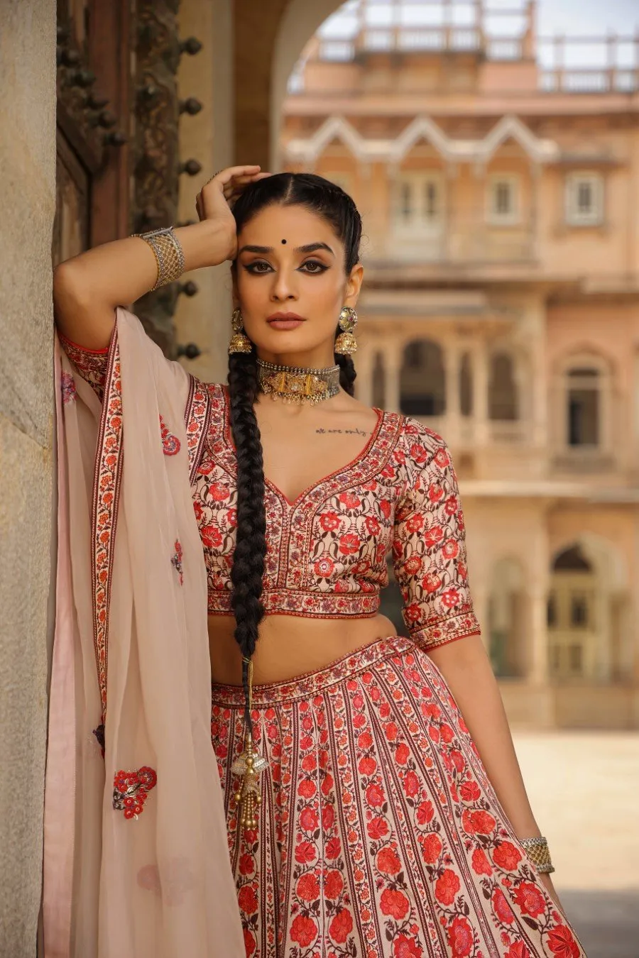 Pink Floral Raw Silk Lehenga Set