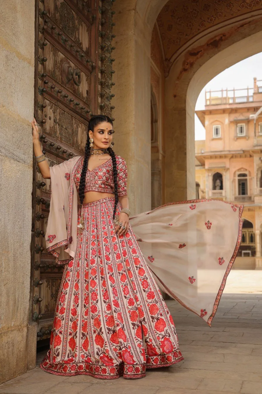 Pink Floral Raw Silk Lehenga Set