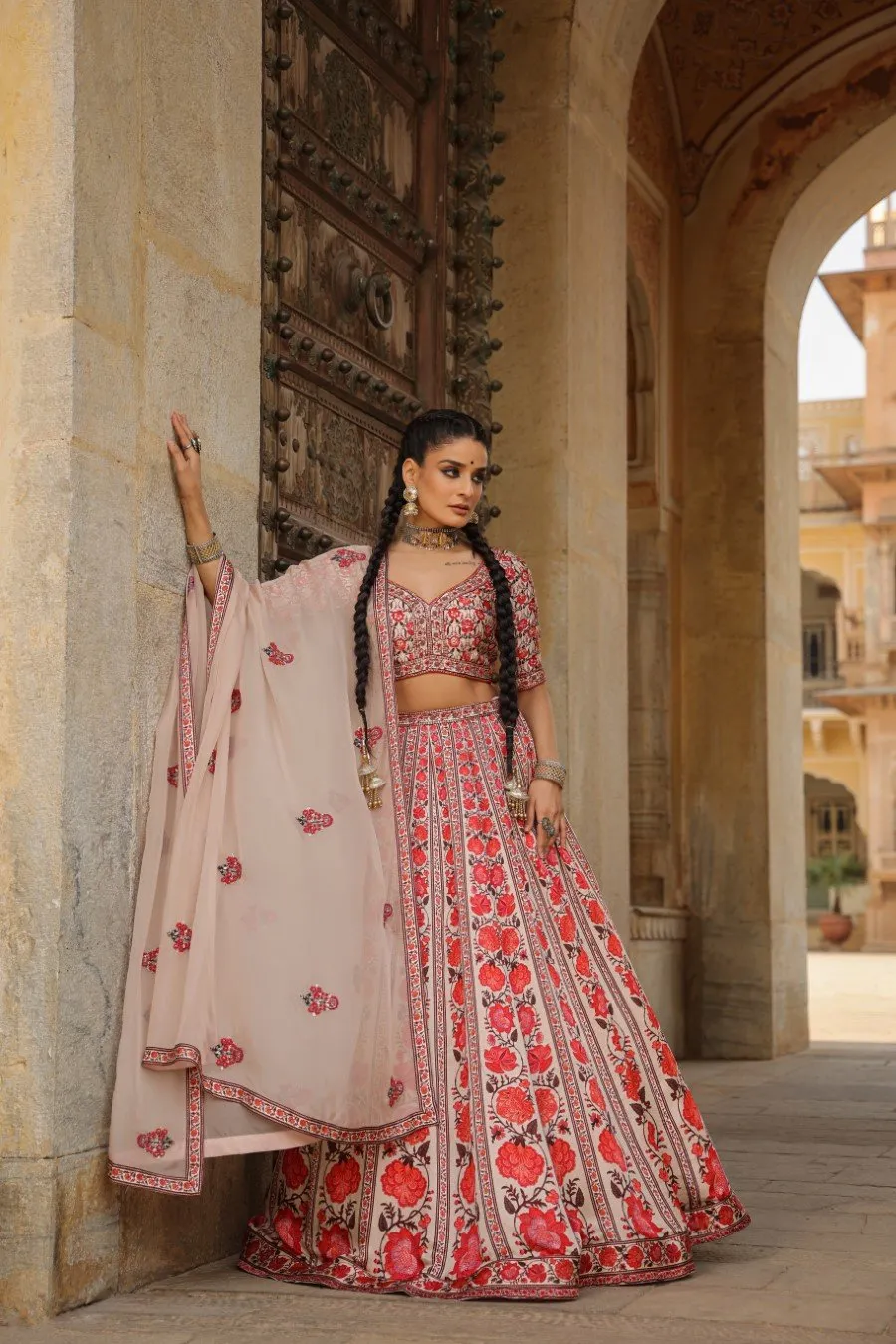 Pink Floral Raw Silk Lehenga Set