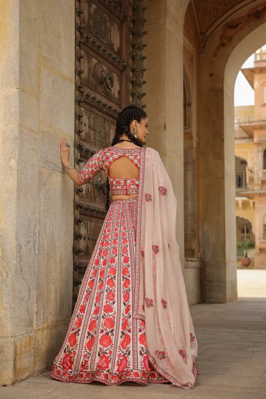 Pink Floral Raw Silk Lehenga Set