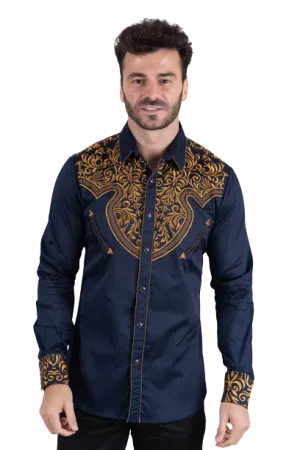 Platini Men's Cotton Navy Embroidery Western Shirt