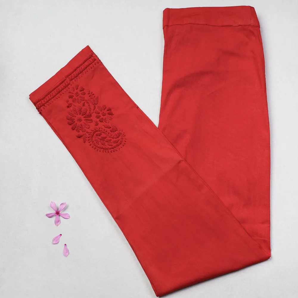 Red - Chikankari Hand Embroidered Cotton Lycra Cropped Pant (Free Size)