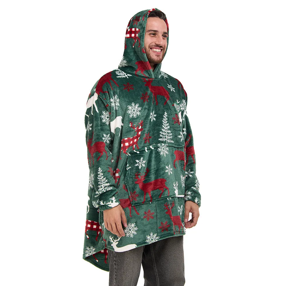 Snuggs Blanket Hoodie Green Deer Christmas